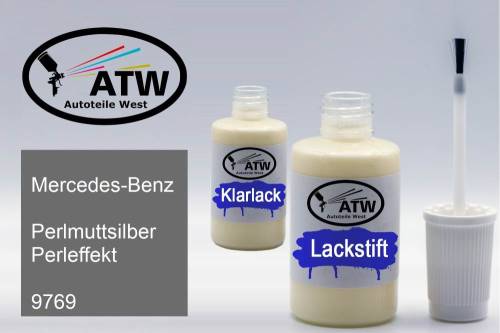 Mercedes-Benz, Perlmuttsilber Perleffekt, 9769: 20ml Lackstift + 20ml Klarlack - Set, von ATW Autoteile West.